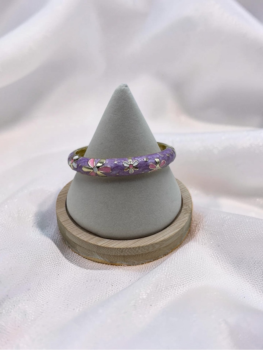 Purple Floral Enamel Bangle Bracelet Gold Tone Pink Daisy Design